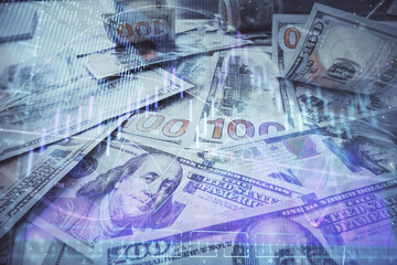 Multi exposure of forex chart drawing over us dollars bill background. Concept of financial success markets.