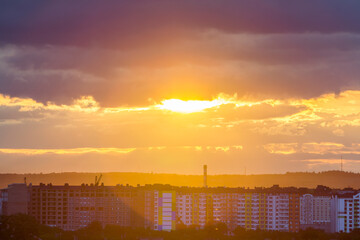 Panoramic top aerial view of modern city at dawn