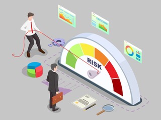 Isometric businessman turning risk meter arrow back with rope, flat vector illustration. Effective risk management.