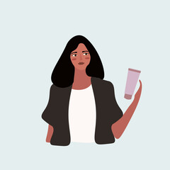 Young woman reading cosmetic label with ingredient list. Female character holding bottle of lotion, moisturizer. Flat vector illustration of person with cosmetics isolated