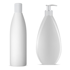 White shampoo bottle, cream package mockup design. Pump bottle blank, gray plastic container. Abstract dispenser pack illustration set, bathroom hygiene template, body oil, face foam