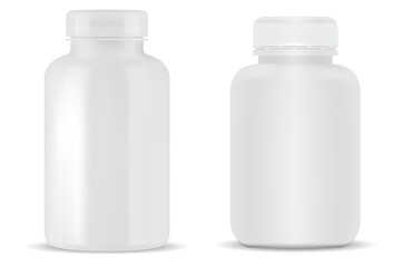 White pill bottle. Plastic supplement jar blank. Prescription drug capsule can. medicament cure product bottle design. Pharmaceutical remedy jar vertical template illustration. Vitamine bottle