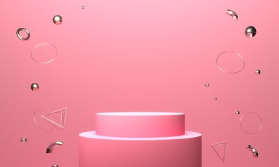Geometric podium, pedestals, objects fly on pink background. Golden figures, pyramids chaotic scattered. Trendy composition. 3d illustration for ads. Presentation mockup template of goods, products 