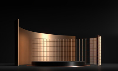 Podium for mockup template with copy space. Dark matte pedestal - exhibition of branded products, goods. Gold glitter decor design. Luxury expensive studio - 3d render illustration. 