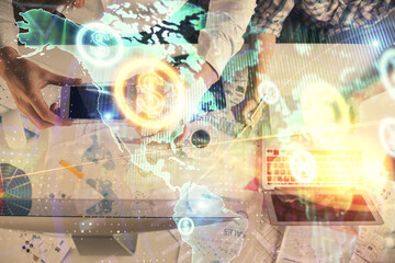 Double exposure of man and woman working together and financial chart hologram drawing. market analysis concept. Computer background. Top View.