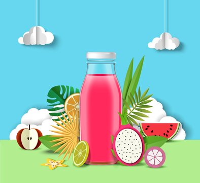 Multifruit Juice Advertising Poster Design Template. Healthy Exotic Fruit Beverage Ads, Vector Paper Cut Illustration.