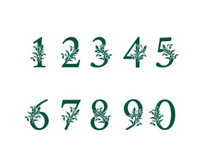Set of Classic floral numbers. 1, 2, 3, 4, 5, 6, 7, 8, 9, 10, logo design, Nature font typography numbers set.
