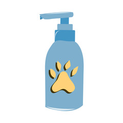 Liquid pet soap in a blue plastic bottle. Accessory for pets. Animal care item isolated on white background. Vector cartoon illustration.