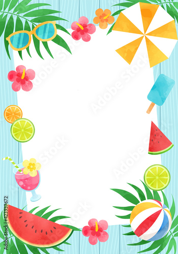 水色の木の板の背景とパラソルやスイカやサングラスなどの夏イメージのベクターイラストフレーム Background Wall Mural Backgrou Honyojima