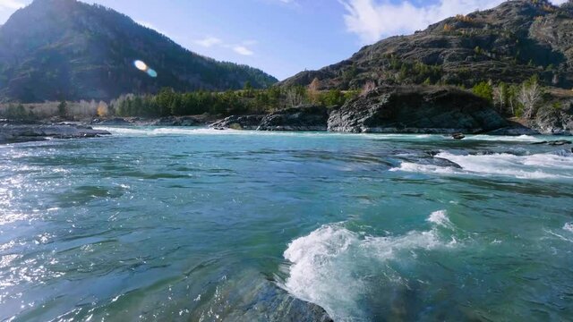 Altai mountains in autumn. Elandinsky rapids on Katun river.