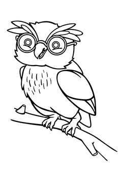 Cute owl with glasses on a branch. Coloring book for kids.