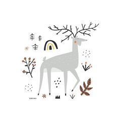 Cute stag character and doodle plants elements isolated on white background. 