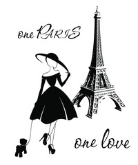 a silhouette of a girl in a hat and dress, with a small dog on a leash, against the background of the Eiffel Tower. black and white image. - obrazy, fototapety, plakaty