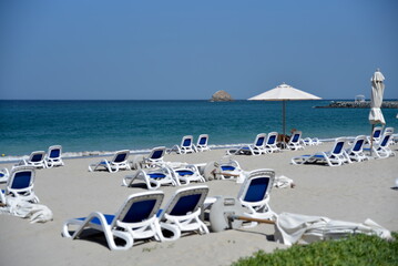 Radisson Blu Beach resort, Dibba, Al Fujairah, United Arab Emirates March 21, 2021, view of beach and sea (Gulf of Oman) at the beach resort hotel