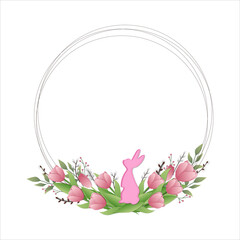 Happy easter. Easter flower frame. Easter lawn, garden. postcard, poster. Template design with decorated eggs in flowers. illustration in cartoon style.