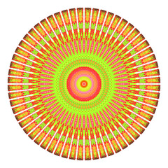 Creative multicolored points round symbol. Abstract symmetrical logo. Mosaic colorful beautiful beads. Circle dots modern pixel floral art icon. Colored pattern ornament wheel decorative illustration.