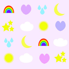 Rainbow weather hearts sun clouds stars on pastel pink purple lilac background wallpaper cartoon vector