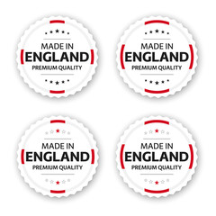 Set of four English labels. Made in England. Premium quality stickers and symbols with stars. Simple vector illustration isolated on white background