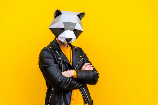 Man With Funny Low Poly Mask On Colored Background