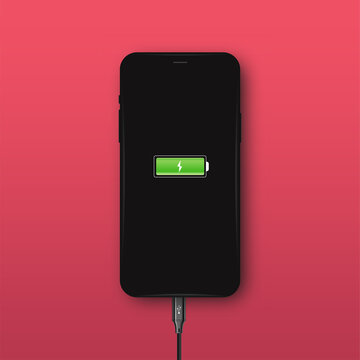 Realistic smartphone layout design with charging wire. There is a charge indicator on the screen. Suitable for web element, game, and app. Vector illustration.