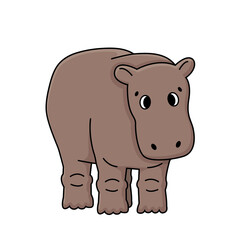 Cute brown outline doodle cartoon gray hippo stands or goes to somewhere, eyes slanted. Vector isolated illustration on white background, front view.