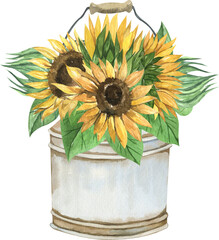 Watercolor sunflower clip art. Summer yellow flowers bouquet.Vintage Rusty Iron Elements. Rustic elements.
