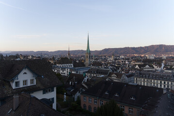 Fototapeta na wymiar View over the old town of Zurich, Switzerland, seen from tower of University of Zurich.