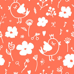 Floral pattern on a delicate peach background. Birds, berries, leaves, hearts. Children's, natural, botanical. Cute illustrations for festive, seasonal design, paper, fabric, prints.