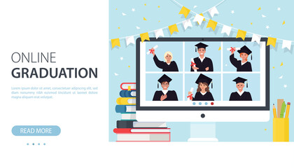 Online graduation banner. A group of young graduate students communicate via video conference during to coronavirus Covid-19 pandemic. Vector illustration in flat style