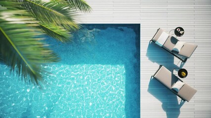 Lounge chair on terrace near swimming pool. Top view of pool and lounge area. Tropical vacation concept. - Powered by Adobe