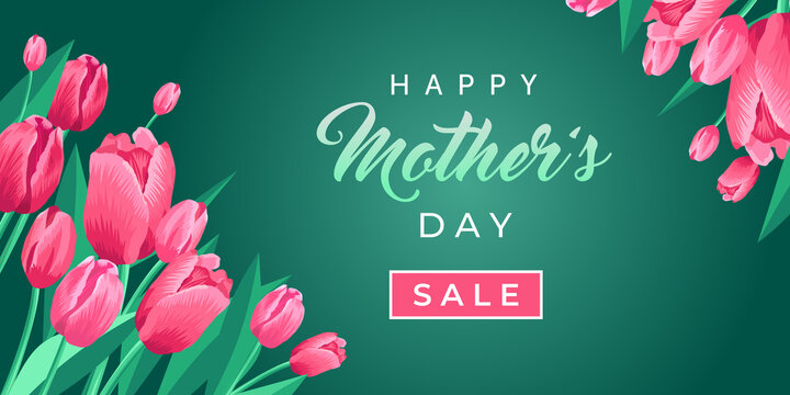 Happy mothers day sale web banner. Vector card for social media, online stores, poster. Text of happy mother's day, sale. A vignette of beautiful tulips, leaves and flower buds on green background.