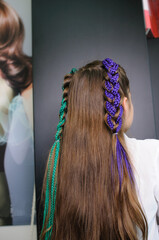 Back view of a teenage girl with dark long hair and a hairstyle from colored braids indoors