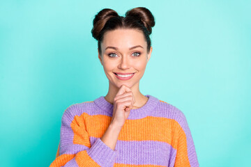 Photo of optimistic nice brunette lady hand chin wear sweater isolated on teal color background
