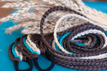 Hair accessory elastic with braids brown blue color