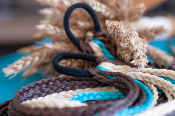 Hair accessory elastic with braids brown blue color