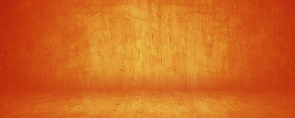 Horizontal yellow and orange grunge texture cement studio or concrete wall banner showroom blank...