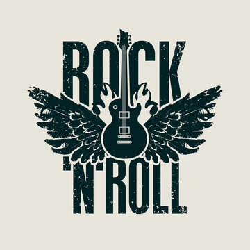 Rock 'n' roll - vector banner, logo, emblem, label or design element in grunge style. Creative black lettering with electric guitar and wings on fire. Cool print for t-shirt, tattoo or graffiti