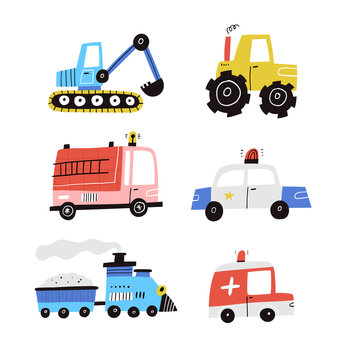 Cute cartoon cars vector collection isolated on white. Hand drawn flat vehicle set