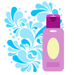Splash of blue water drops and plastic cosmetic bottle for cream, shampoo, ets. Nature splash pattern and cosmetic pack isolated on a white background. 