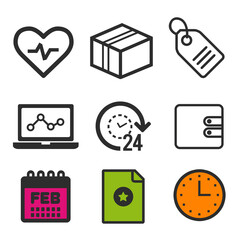 Heartbeat icon. Laptop statistics symbol. 24 hour open icon. Shopping label sign. Clock and Calendar icons.