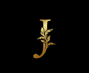 Elegant Gold J Letter Floral logo. Vintage classic ornate letter vector.