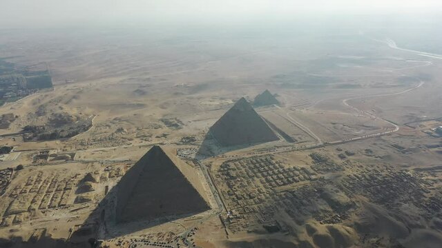 Side Panning Aerial Drone shot of 3 Pyramids in Giza, Egypt