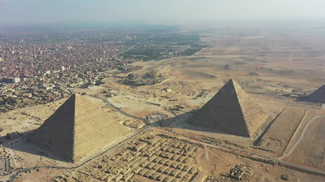 Aerial Outward Reveal Shot Of 3 Pyramids In Giza, Egypt