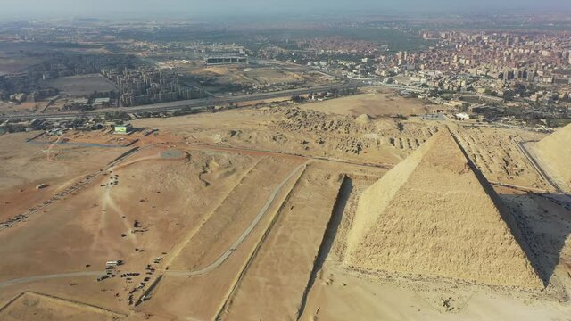 Aerial Panning drone shot of Khafre Pyramid in Giza Plateau, Egypt