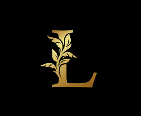 Elegant Gold L Letter Floral logo. Vintage classic ornate letter vector.