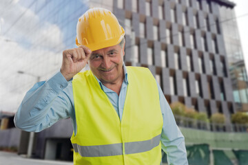 Old constructor man respectful greeting touching helmet