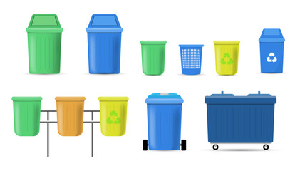set of trash bin or can, flat realistic  colorful garbage bin or trash can waste basket or recycling concept. eps 10 vector illustration
