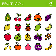 Fill colored icon set of fresh fruits such as apple, avocado, kiwi and watermelon. Perfect for the design element of fruit shop, organic healthy food menu, and vitamin food sources. 