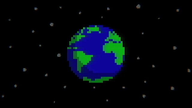 Earth planet rotation. Stars on background, outer space. Retro pixel art style animation. Vintage old school 80s, 90s. Computer, console video games. Comic, cartoon style. 8 bit. Seamless loop 4K clip