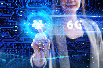 Business, Technology, Internet and network concept. Young businessman working on a virtual screen of the future and sees the inscription: 6G